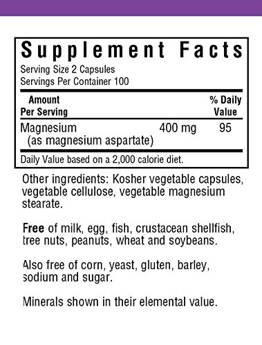 Bluebonnet Nutrition Magnesium Aspartate 400 mg, 200 Vegetarian Capsules