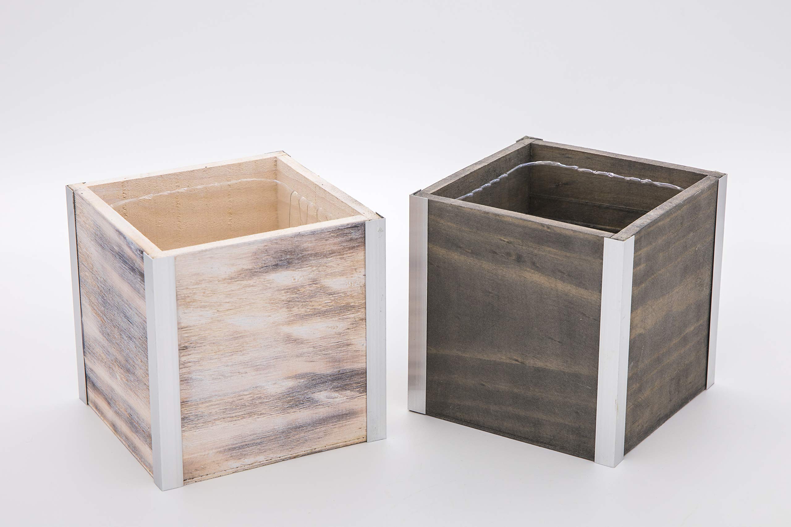 Wood Planter Box with Tin Style, 5 Inch Square, Plastic Liner (Set of 4