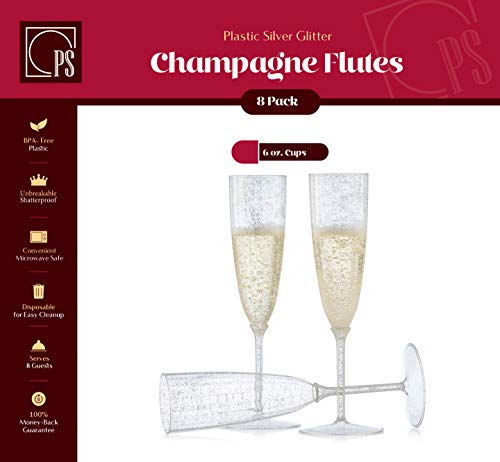 [8 Pack - 6 oz] Plastic Champagne Flutes White Disposable Champagne Toasting Glasses Fancy Stemmed Cups for Parties, Weddings, and Dining Durable