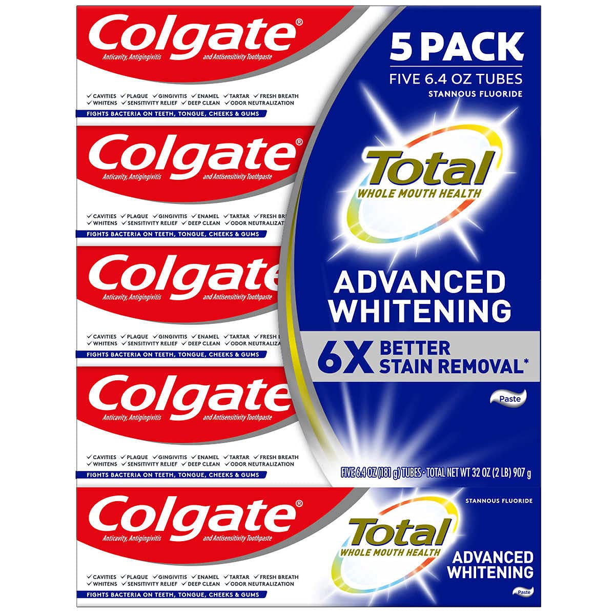 Colgate Total Advanced Whitening Toothpaste, Vegan & Sugar Free, 6.4 oz (5-Pack)