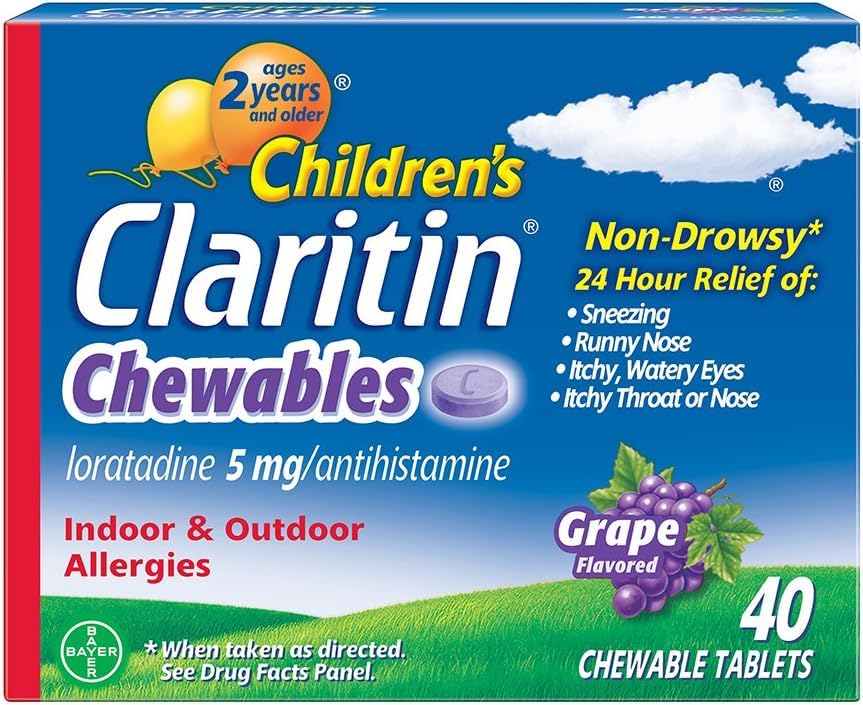 Claritin Children's 24-Hour Non-Drowsy Allergy Chewable Tablets, Grape, 5 mg, 40 Count