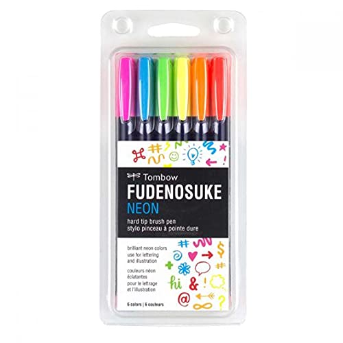 Tombow 56437 Fudenosuke Neon Brush Pen, 6-Pack. Hard Tip 