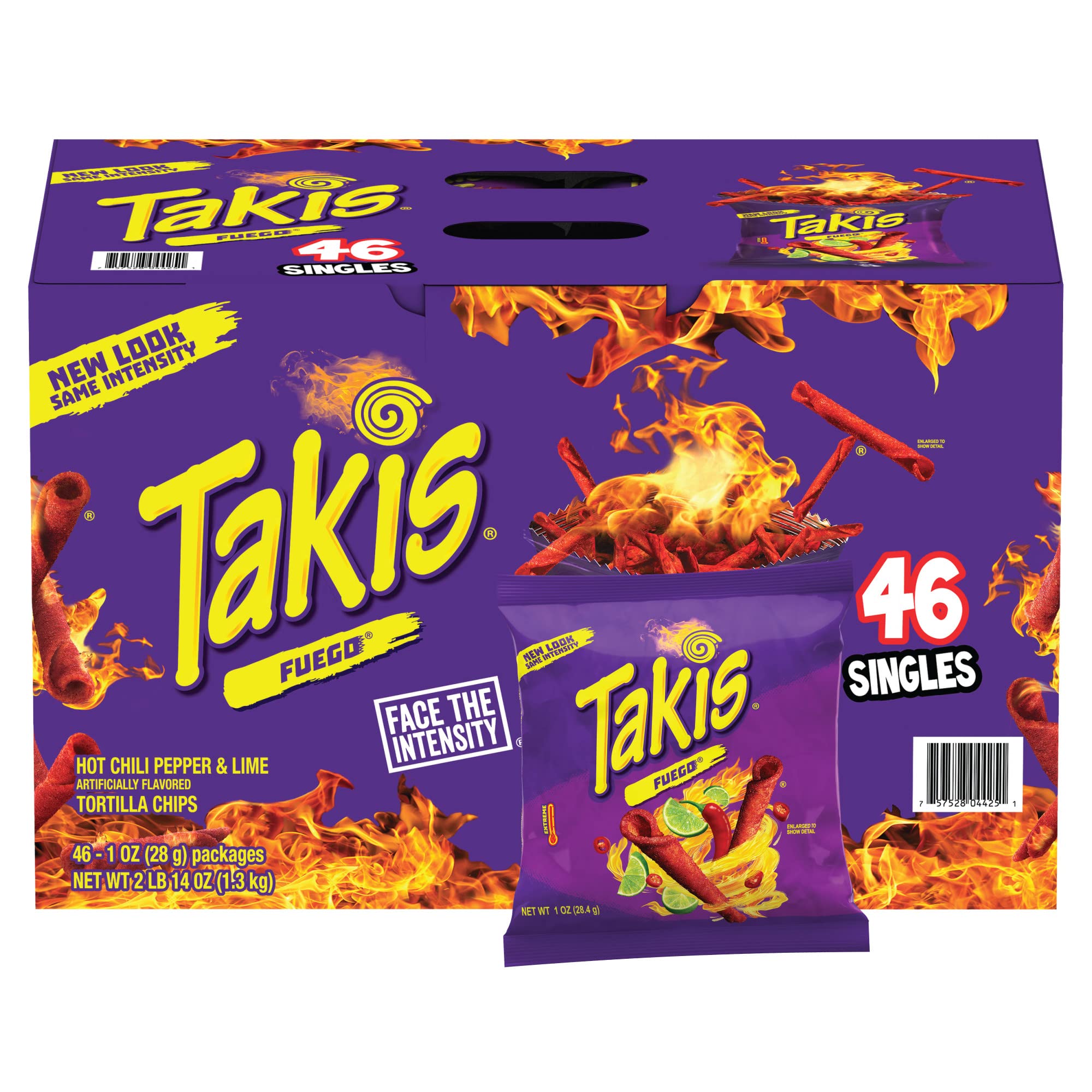 Takis Fuego Rolled Tortilla Chips, Hot Chili Pepper & Lime, 46 Snack Bags (1 oz Each)