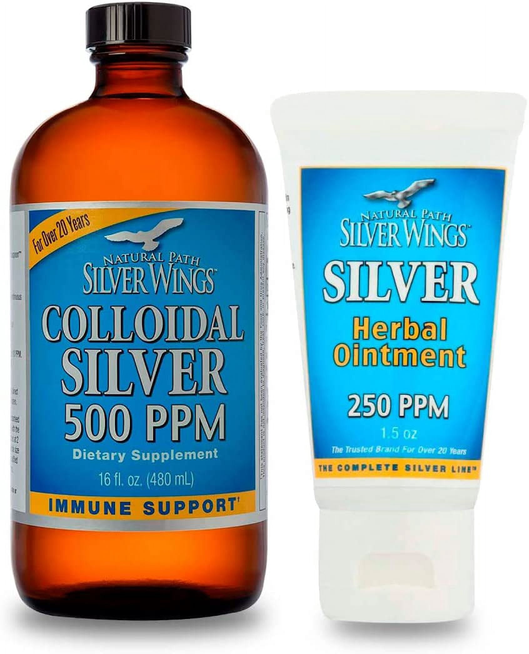 Natural Path Silver Wings Colloidal Silver 500 PPM 16 oz + Herbal Ointment 250 PPM
