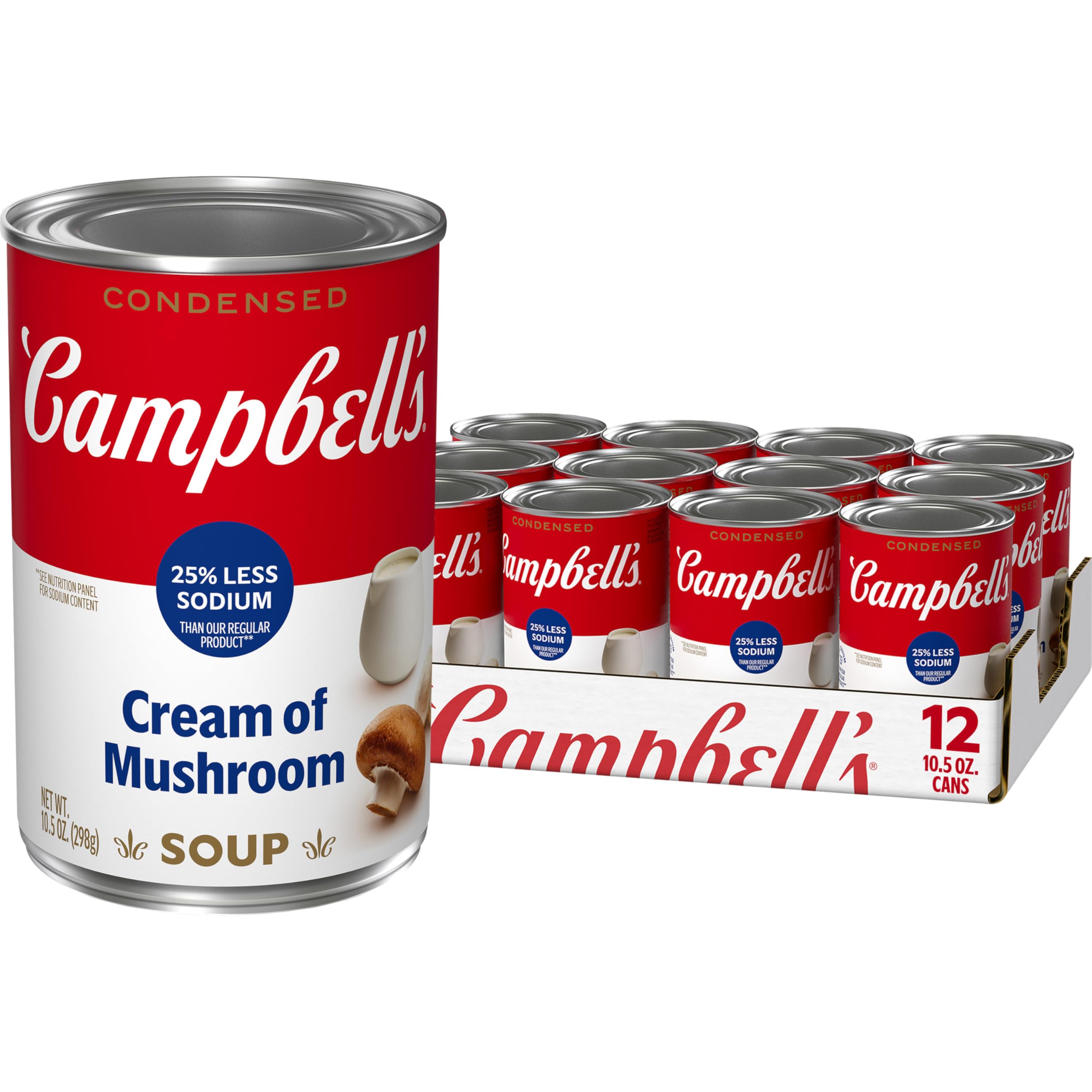 Campbell's Condensed 25% Less Sodium Cream of Mushroom Soup, 10.5 oz (12 Pack)
