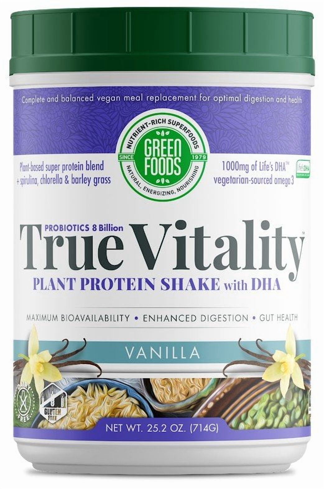 Green Foods True Vitality Plant Protein Powder, Vanilla, 15g Protein, 1.6 lb
