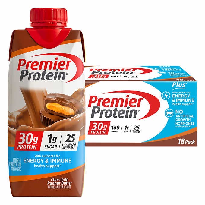 Premier Protein 30g Protein Shakes, Chocolate Peanut Butter (11 fl oz, 18 Pack)