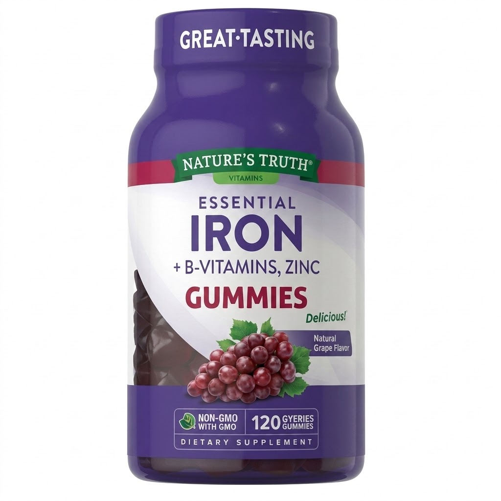 Nature's Truth Iron Gummies with B-Vitamins + Zinc, Natural Grape, 120 Count