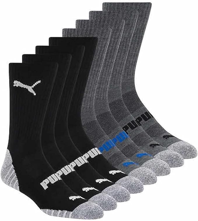 PUMA Men's CoolMax Moisture-Wicking Athletic Crew Socks, Black/Grey, 8-Pair Pack