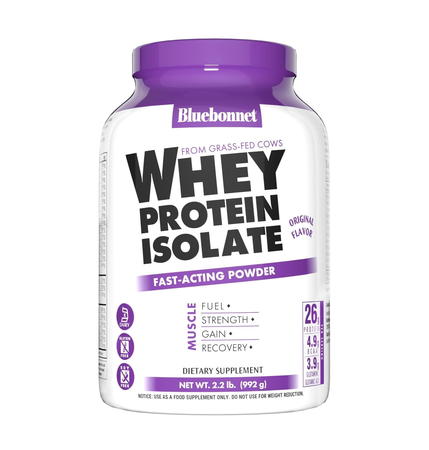 Bluebonnet Whey Protein Isolate Powder, Grass-Fed, No Sugar Added, 2.2 lb