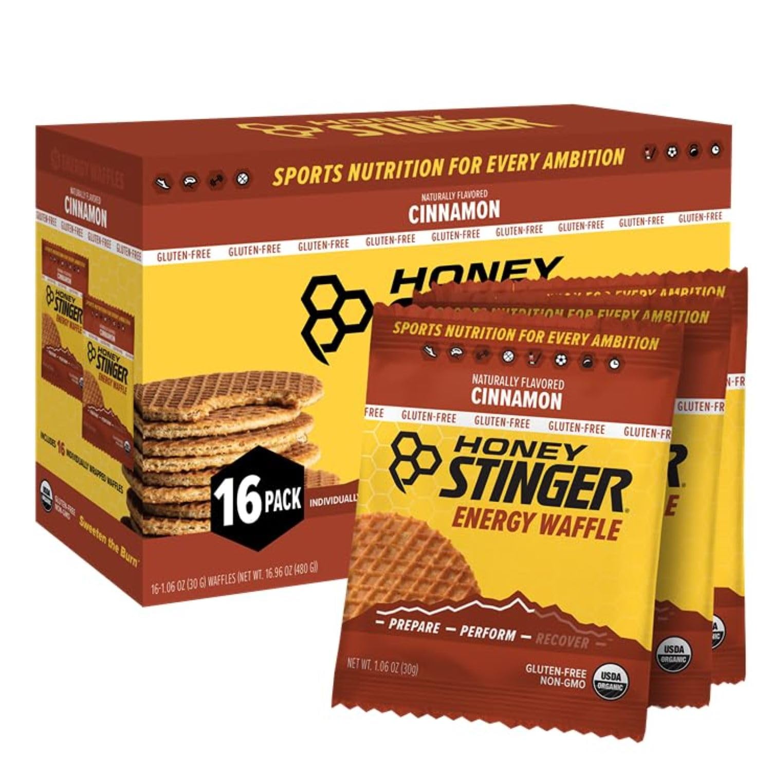 Honey Stinger Organic Cinnamon Energy Waffles, Gluten-Free (16-Pack, 19.2 oz)