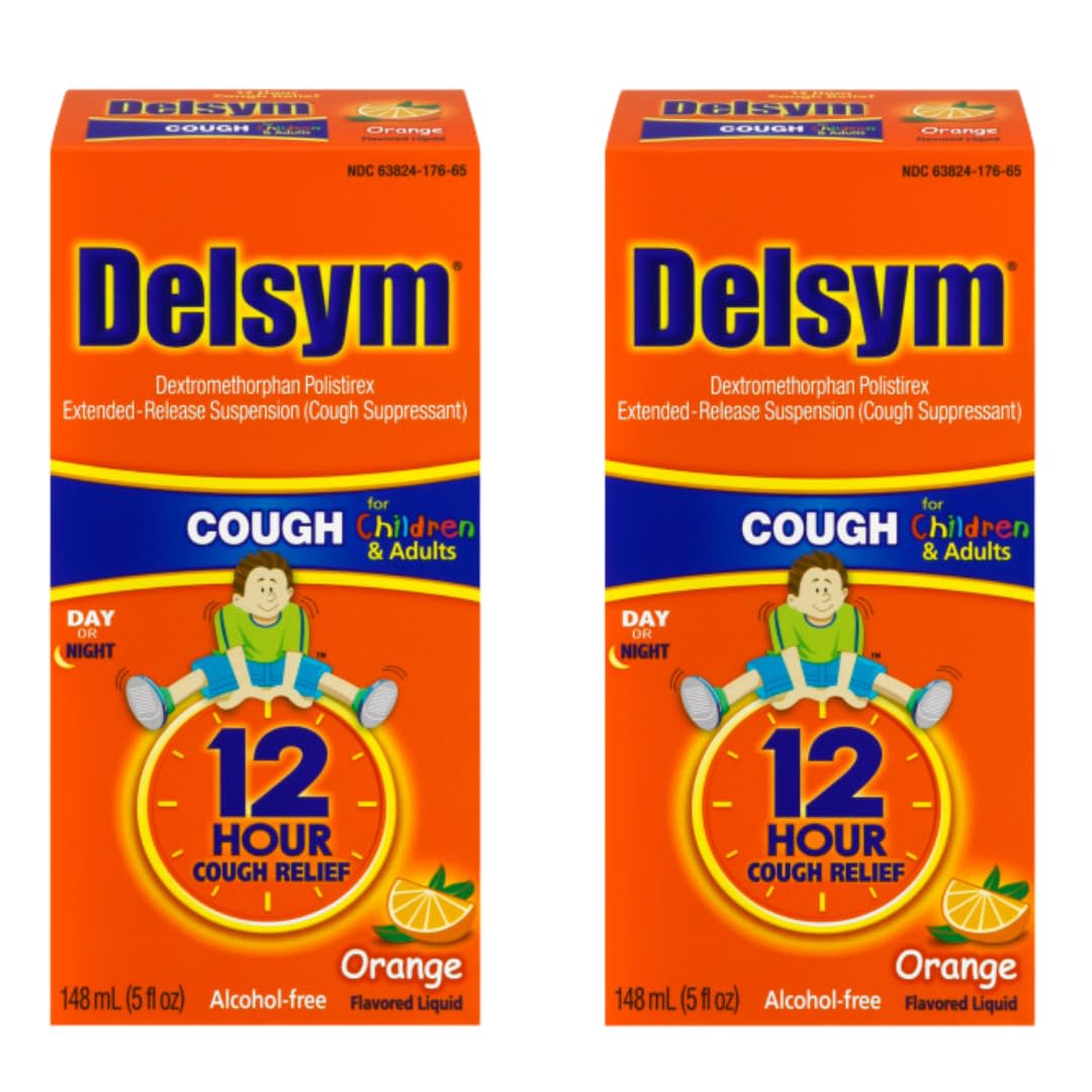 Delsym Adult 12-Hour Cough Suppressant Liquid, Orange Flavor, 10oz (2 x 5oz)