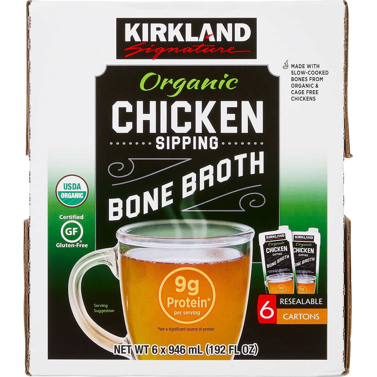 Kirkland Signature Organic Chicken Bone Broth, 32 fl oz (Pack of 6)