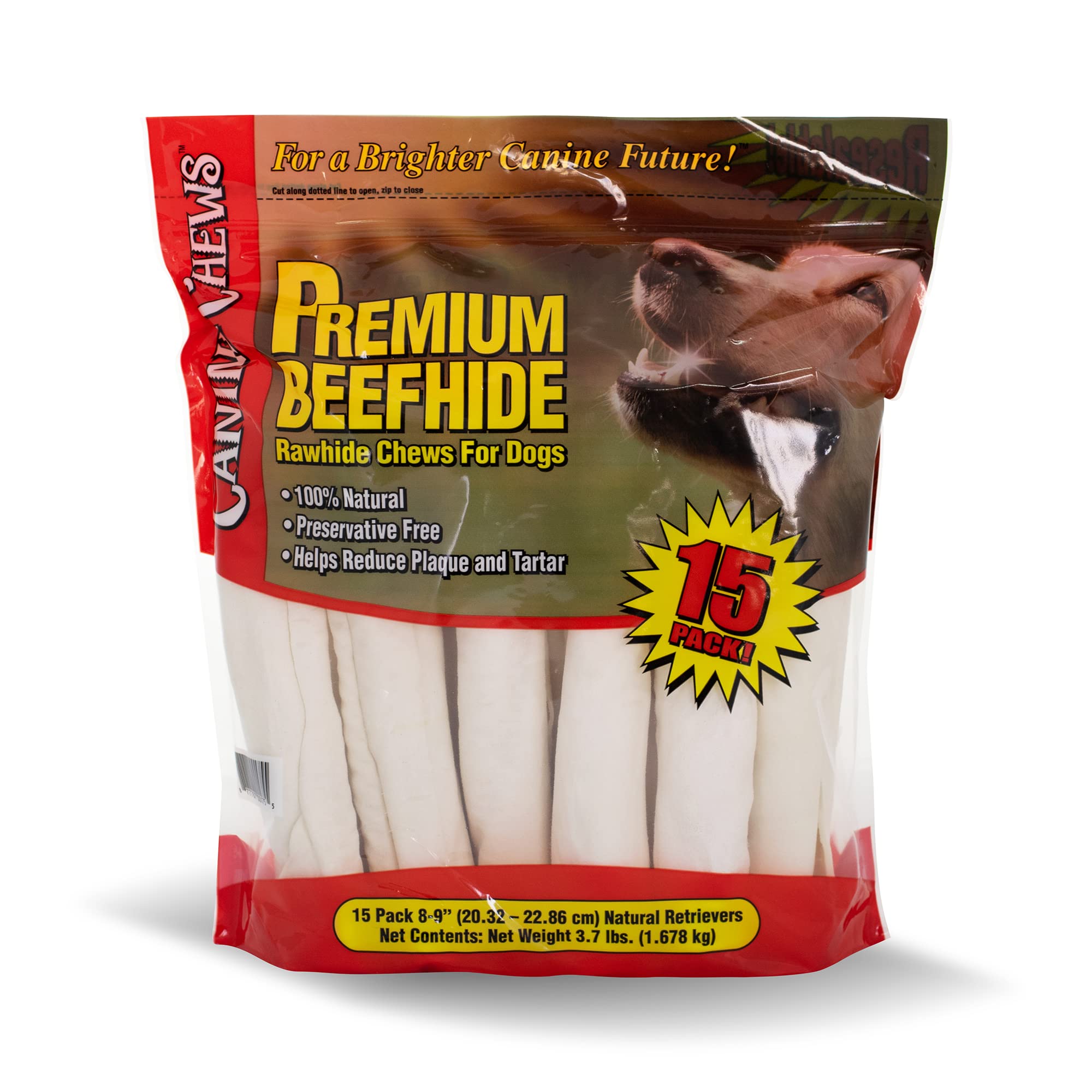 Canine Chews 8-9 inch Retriever Rolls for Large Dogs, 15-Pack Beef Hide (3.7 lb)
