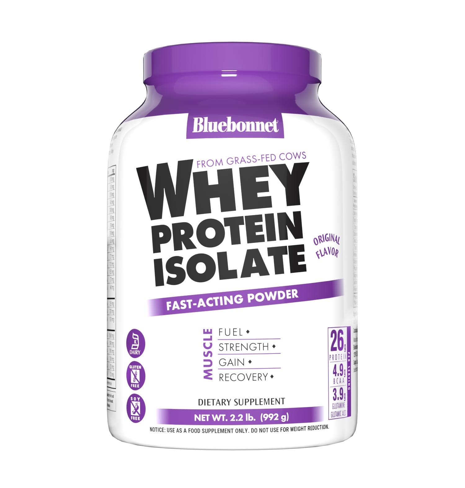 Bluebonnet Whey Protein Isolate, Original Unflavored, 2.2 lbs (32 Servings)