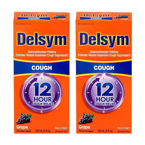 Delsym Adult 12-Hour Cough Suppressant Liquid, Grape, 5 oz (2-Pack)