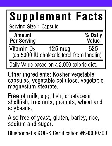Bluebonnet Vitamin D3 5000 IU Vegetable Capsules, 120 Count