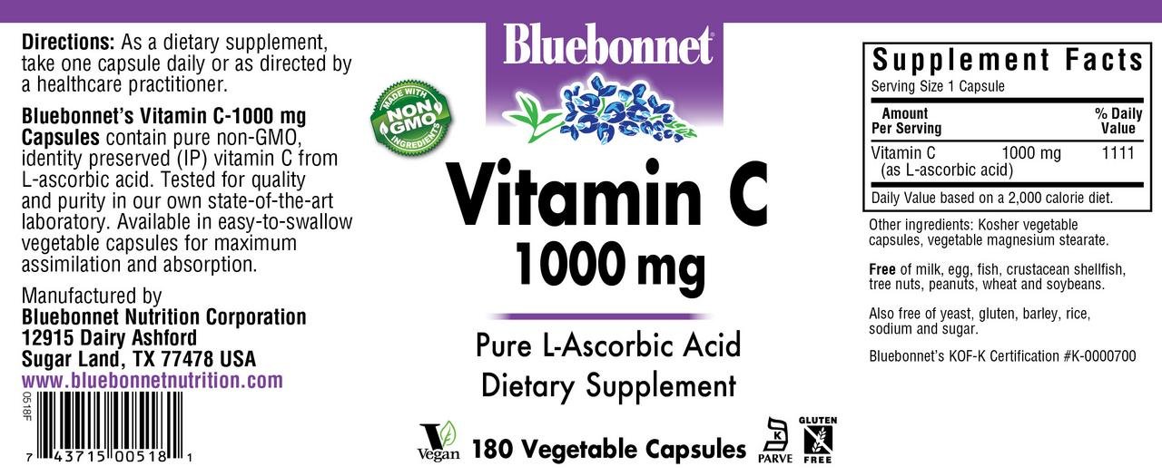 Bluebonnet Vitamin C 1000 mg Vegetable Capsules, 180 Count
