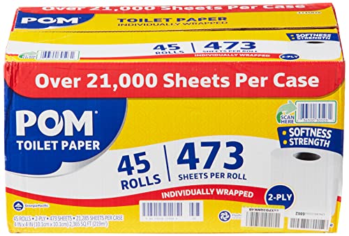 POM Embossed 2-Ply Toilet Paper, White, 45 Rolls (473 Sheets)