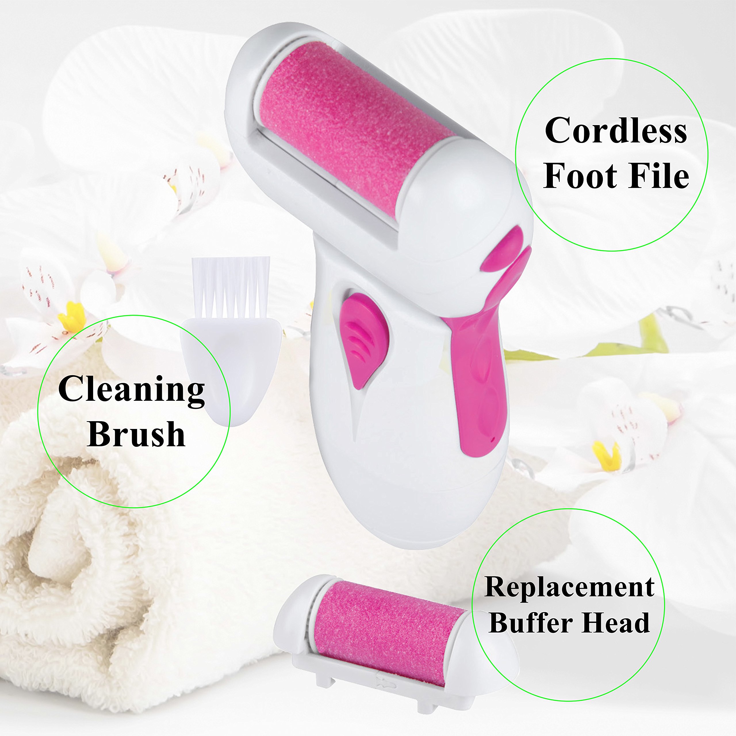 Vivitar Cordless Electronic Foot File & Callus Remover with Roller Heads (Pink)