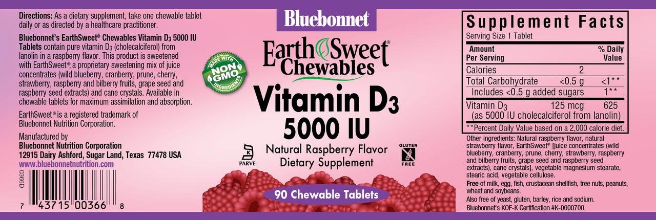 Bluebonnet EarthSweet Vitamin D3 5000 IU Chewable Tablets, 90 Count