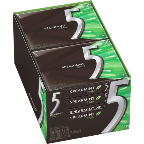 Wrigley's 5 Rain Spearmint Sugarfree Gum, 10 Packs (150 Sticks)