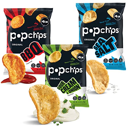 Popchips Variety Pack Potato Chips (Sea Salt, BBQ, Sour Cream & Onion), 0.8 oz Bags (12 Count)